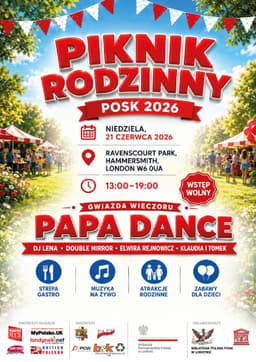 Piknik Rodzinny Posk! W parku Ravenscourt, dzielnica Hammersmith w Londynie. poster